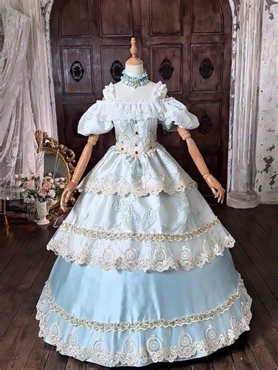 Dreamy Sky Blue Victorian Rococo Ball Gown | Off-the-Shoulder Princess Royal Dress