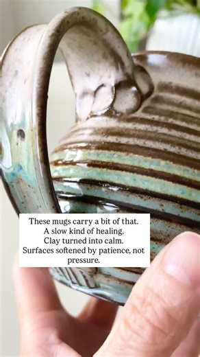 Hope - Ceramic Artist / Potter on Instagram: "There’s a part of us that learns to hold things gently… to make space for what was missing, to shape something steady with our own hands. These mugs carry a bit of that. A slow kind of healing. Clay turned into calm. Surfaces softened by patience, not pressure. What I couldn’t receive then, I pour into the work now — warmth, presence, simple beauty meant to be held. I hope these pieces meet you the way they met me: quietly, honestly, and exactly when