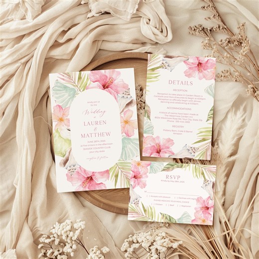 Tropical Hibiscus Corjl Wedding Invitation Suite Template, Beach Wedding Set, Watercolor Flowers Elegant Invite, Destination Wedding 180 - Etsy