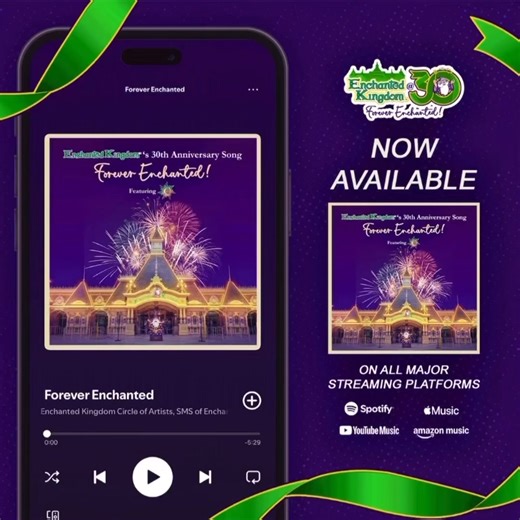 🎵 NOW STREAMING 🎵 Celebrate 30 years of being #ForeverEnchanted with our official 30th anniversary song! Check out FOREVER ENCHANTED featuring #EnchantedKingdom’s very own SMS, now available on all major streaming platforms! 🏰 Play it, stream it, and let it be the soundtrack of your most enchanting EK adventures! #iloveEK #EKat30 | Enchanted Kingdom