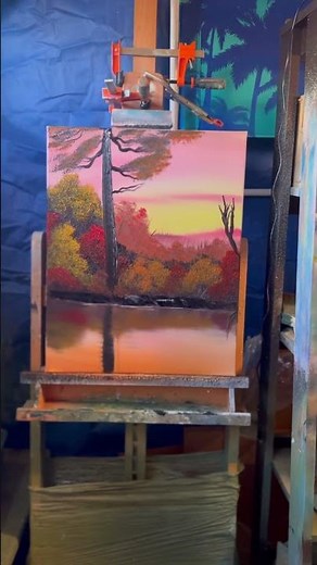 Bob Ross style fall oil painting 🍁 Happy little trees #Shorts #BobRoss #OilPainting #FallArt