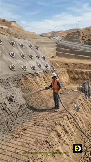 Ever wonder how engineers stop steep hillsides from collapsing? 🚜🧱 ​This process is called Soil Nailing & Shotcreting—a powerful geotechnical method used to stabilize slopes and prevent landslides along highways and deep excavations: ​Soil Nails: Steel reinforcement bars are drilled deep into the soil and grouted into place, binding the earth together from the inside. ​Wire Mesh (BRC): Steel welded mesh is laid across the exposed slope to evenly distribute pressure and reinforce the surface. ​