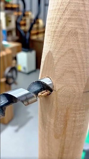 Drilling a Precise Hole into a Smooth Wooden Cylinder Using a Metal Auger Drill Bit Tool