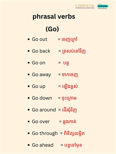 “Go” can mean move, travel, leave, and more! ទទួលចុះឈ្មោះចូលរៀនសម្រាប់វគ្គសិក្សាថ្មីរហូតដល់ថ្ងៃទី09 ខែមីនា ឆ្នាំ2026📚 ព័ត៌មានបន្ថែមអំពីការសិក្សានៅ Campus UK សូមទំនាក់ទំនងមកកាន់៖ ☎️ 010 | 017 961 861 📞Telegram: https://t.me/CUKSB4E085 📍 ទីតាំង: នៅផ្លូវ 574 ក្រោយសាលាឥន្ទ្រទេវី សម្រាប់ប្អូនៗចង់ធ្វើតេស្តសាកល្បង សូមចុះឈ្មោះតាមរយៈតំណរភ្ជាប់ខាងក្រោម៖ 👉 https://forms.office.com/r/8mbrBqhmNA #studyenglish #studyatcampusuk #EnglishSchool #CambrigdeEnglish #vocabulary