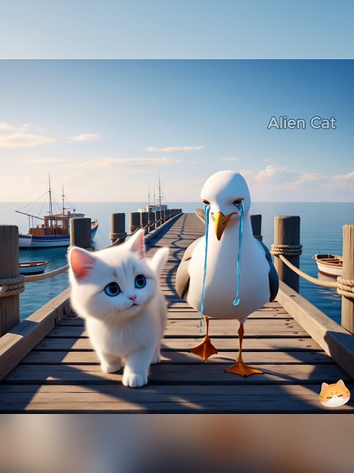 Kitten Saves Seagull with Girl's Fries