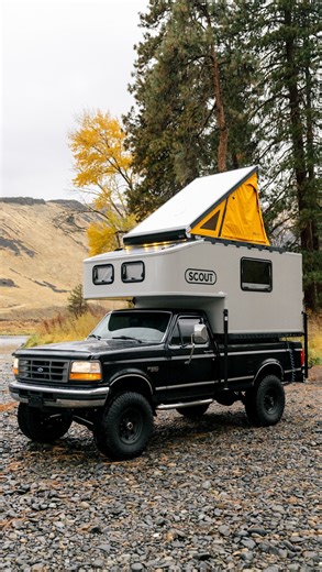 We think about this Kenai Hardwall x ’96 Ford F250 combo a lot, can you blame us? 7.3L Turbo Diesel, 4” lift, Firestone airbags, 37” Cooper A/Ts, American Racing wheels - and a Kenai Hardwall with a @gfc_usa RTT on top to seal the deal. @dadsocial with the epic rig set-up 🔥 #CampSimple #truckcamper #4x4offroad #offgridcamping #DIYdad | Scout Campers