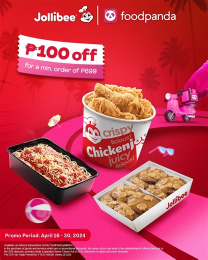It’s a JOY when you order your Jollibee favorites with discounts on foodpanda! Order now and enjoy two exclusive promos from April 16-30, 2024: ₱50 off for a minimum order of ₱499 ₱100 off for a minimum order of ₱699. Per DTI Fair Trade Permit No. FTEB-190506, Series of 2024. | Jollibee