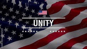 Unity text on US American Flag Waving background. USA American Patriot Day Flag waving in wind. US American Flag Loop Closeup. Video of USA sign waving. United States Patriot Day flag. US American cou Stock Video