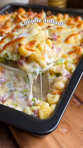 karo | einfache rezepte on Instagram: "KNÖPFLE AUFLAUF😋🤝🏻 Flammkuchenstyle - Schon viel zu lange nicht mehr gemacht, dabei so einfach und schmeckt allen 🤝🏻 Für 4-6 Portionen 1 Kg Knöpfle, Spätzle oder gekochte Nudeln 300 g Schinkenwürfel 1 Bund Frühlingszwiebeln 2 Becher Schmand 200 ml Gemüsebrühe Pfeffer 150-200 g Reibekäse . Schmand mit Wasser und etwa 1 EL Brühe verrühren und mit Pfeffer würzen. Knöpfle, Schinken und Frühlingszwiebeln vermengen, Schmandbrühe unterheben, mit Käse bestreue