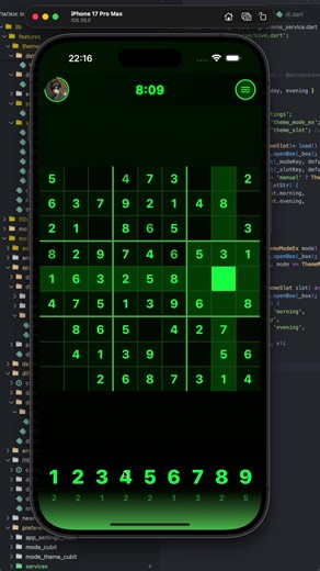 Added a new Matrix theme to my Sudoku game. Still working on the game and polishing the details. What do you think about this theme? #flutter #coding #developer #sudoku #braingames