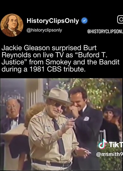 A 1981 classic, Jackie Gleason shocked everyone at the CBS All-Star Party for Burt Reynolds by storming in live as Sheriff Buford T. Justice! In full character — hat, badge, and all that signature bluster — he roasted Burt about embarrassing him and Junior in Smokey and the Bandit. Burt burst out laughing as the crowd went wild. Pure Hollywood gold and one of the best surprise moments in TV history!