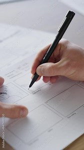 Vertical shot of creative person draw animation sequence on storyboard sheet Stock Video