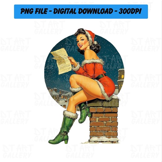 Vintage Santa Pin-up Girl - Playful Christmas Illustration, Retro Holiday Decor, Classic Mid-century Art, PNG Digital Download 74 - Etsy