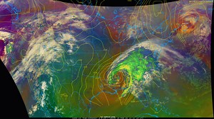 Multi-day satellite/radar and barometric pressure animation showing storm movement into and across the U.S.---the most recent storm passing well south of Chicago. This animation is courtesy of the College of DuPage's GOES SATELLITE/WEATHER RADAR site | Tom Skilling