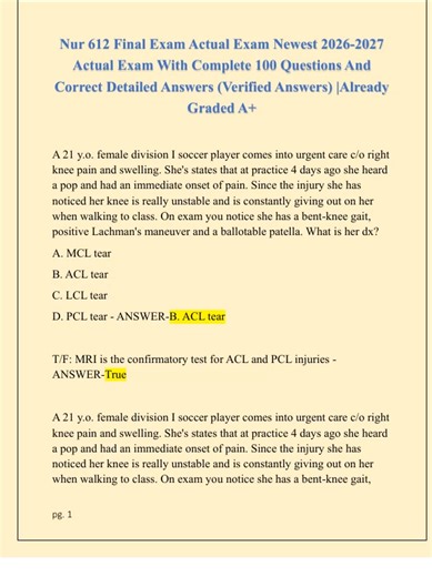 Nur 612 Final Exam Actual Exam Newest 2026 2027 Actual Exam With Complete 100 Questions And Correct Detailed Answers