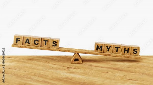 3D facts vs myths on balance scales. Fake news vs reality, mythology, logical decision, belief or fiction, perception vs misconception concept. 4K 3D loop animation