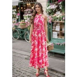 Hot Pink Floral Halter Maxi Dress