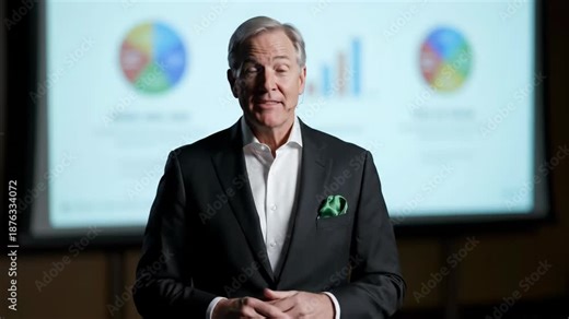 A professional businessman speaking during a corporate presentation. A mature male executive explains data with charts and graphs on a screen in the background. Business communication and leadership