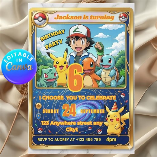 Pokemon Birthday Invitation Card | Editable Canva Template | Printable Pikachu Theme Party Invite | Boy, Girl | Instant Digital Download - Etsy