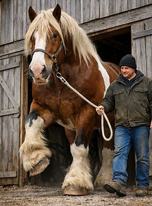 Watching this gentle giant step out of the barn reminds me just how powerful and calm true strength can be. 🐴 Size, grace, and trust—led one step at a time. | Coloured Stallions