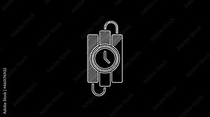 White line Detonate dynamite bomb stick and timer clock icon isolated on black background. Time bomb - explosion danger concept. 4K Video motion graphic animation