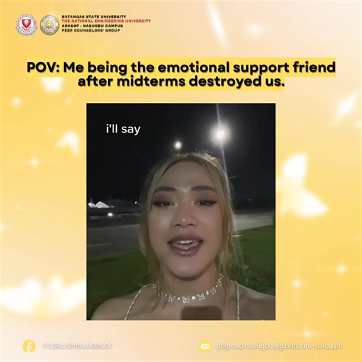 lessons na na-review: 50% (?) 😵 baon na nakubra kay mama: confidential... 👀 midterm week: 𝗙𝗜𝗡𝗔𝗟𝗟𝗬 𝗗𝗢𝗡𝗘! 🥳 feeling: #𝗛𝗢𝗣𝗘𝗙𝗨𝗟 🤩 𝗽𝗰𝗴 as your emotional support friend: the semester isn’t done—and we certainly ain’t either 🤧✊🏻. 𝗮𝗿𝗮𝘀𝗼𝗳𝗶𝗮𝗻𝘀, ito lang tandaan niyo ngayong tapos na ang midterms week 🤓☝🏻: no matter the outcome of your exams, hindi kayo isang planeta lang ❌🪐 kundi isa kayong kalawakan 🥺🌌. #ReadyToCareWillingToHelp #ZitoRedSpartans | Batangas State 
