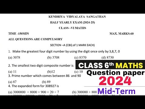 class 6 maths mid term question paper 2024 | half yearly question paper 2024-25 maths class 6 | cbse