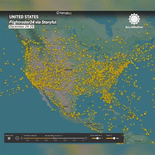 Holiday travel took to the skies ✈️ This flight animation shows the surge of air traffic across the U.S. from Christmas Eve through Christmas Day, as winter weather led to widespread delays and cancellations. | AccuWeather