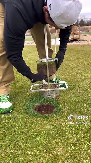 This is a turf plugger. A turf plugger is used to remove an area of damaged turf or lawn and replace it with the same shape and size from a different area. Golf courses will have a totally separate area if turf to pull plugs from but here at my house I just pull plugs from an area that is more out of sight and out of mine. This type of plugger is pretty expensive but the pro plugger and other brands are more suited to homeowner budgets. I do like that this turf plugger has straight edges so plug