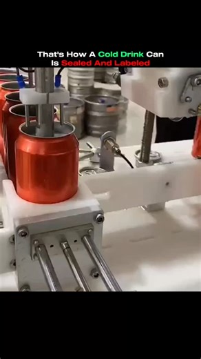 axisrnx18M on Instagram: "This short video clip provides a close-up look at an automated industrial process for sealing and labeling cold drink cans. The scene focuses on a white machine mechanism. Several red aluminum cans, open at the top and presumably filled with a beverage, are lined up and moving along a conveyor system. The cans are bright red, contrasting sharply with the white and metallic components of the machinery. The video captures the sealing stage. A pneumatic system pushes the c