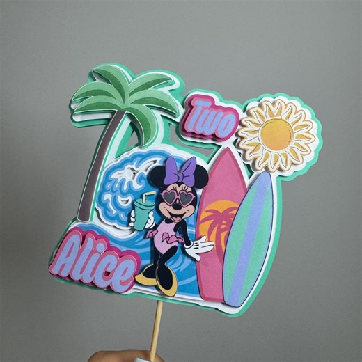 Minnie Mouse Birthday Cake Topper With Custom Age & Name, Mickey Mouse Clubhouse Cupcake Toppers, Beach Theme Party, Hawaiian Theme Party - Etsy