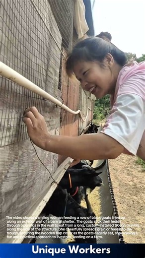 Farm Life Joy: Woman Feeding Goats at a Custom Outdoor Trough
