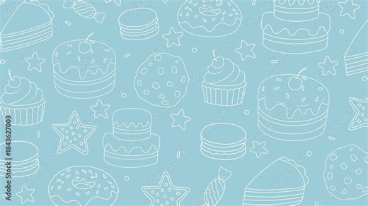 Animated background featuring hand-drawn pastries: cakes, croissants, donuts, muffins, cookies, and sweets. Suitable for video ads for sweets, cafes, and pastry shops.