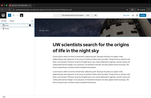 Display the Post Date block next to a text label using the Row block
