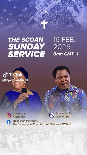 Join us for tomorrow’s Sunday Service, to be broadcast live from The Synagogue, Church Of All Nations (SCOAN), Lagos, Nigeria. Get ready to receive a life-changing touch from Jesus Christ! If millions of people in this generation are to believe, they must see proof that Jesus Christ is the same yesterday, today and forever. “When the power of God is present, healing, deliverance and all of God’s blessings are just like breathing!” - Prophet T.B. Joshua #PastorEvelynJoshua #SCOAN #EmmanuelTV #TBJ