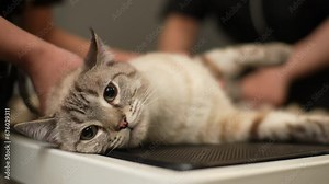 Closeup muzzle of adorable cat grooming in pet beauty salon, looking at camera. Close-up hands of unrecognizable grooming master cutting cat, cares for pet, using electric shaving machine.