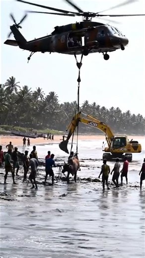 Cow Rescue from Sea Shore | JCB & Helicopter Saving Animal Near Coconut Fields