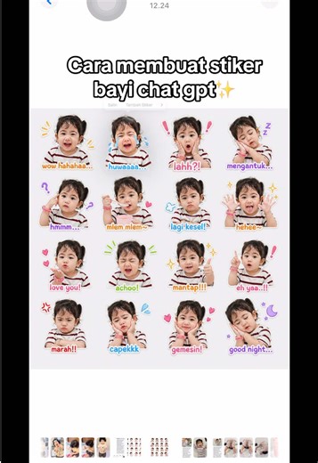 Cara membuat stiker bayi dengan chat gpt. Prompt stiker bayi chat gpt ada di bawah ini: Tolong buat gambar bergaya stiker gista menggunakan wajah yang imut. Latar belakang bersih dan sederhana. Total ada 16 ekspresi beragam : tertawa, menangis, terkejut, mengantuk, bingung, sedang makan, cemberut, ekspresi lucu, dan lain-lain. Setiap ekspresi ditambahkan teks bahasa Indonesia yang imut, misalnya: lagi kesel!, hmmm..., love you!, capekkk, wow hahahaa..., mantap!!!, eh yaa..!!, achoo!, mlem mlem~,