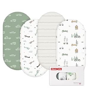 Gllquen Baby Bassinet Sheets 4 Pack, Breathable Cozy Fitted Mattress Sheet, Elastic Travel Crib Fashionable Pattern, Standard Cradle Safe Sheets for Baby Boys Girls 32"x16" (Car)