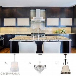 3.1K views · 115 reactions | COMPLETE THE LOOK: Crisp, clean and contemporary, this kitchen designed by Pineapple House Interior Design features rich dark chocolate cabinets enhanced by bright, eye-catching countertops. Which island lights complete this winning recipe for a sophisticatedly-styled space? A. Culver B. Mercer C. Ellis #crystoramacompletethelook | Crystorama Lighting | Facebook
