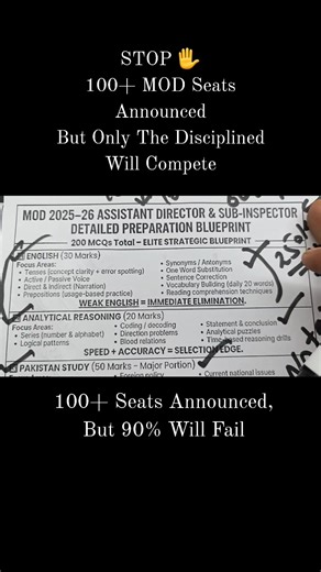 Ministry of Defence 2026 has announced 100 seats. But here’s the truth — Most candidates don’t fail because of intelligence. They fail because of poor strategy. In this video, I explain the roadmap and the mistakes you must avoid. If you are serious about preparing smartly, watch till the end. #MOD2026 #AssistantDirector #SubInspector #CompetitivePreparation #ExamStrategy | MOCC-Online CSS / PMS Competitive Exams Academy