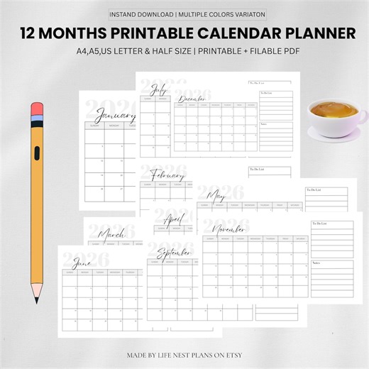 2026 Monthly Calendar Printable | A4 A5 US Letter Sizes (fillable PDF Version Available) - Etsy Australia
