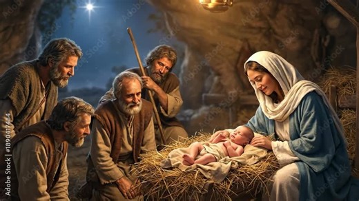 Nativity scene in stable with holy family and wise men, Mary holding baby, Joseph and men worshiping for Christmas card
