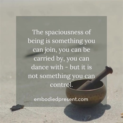 The spaciousness of your being is like the space within a bell - it is what enables you to attune to the world. Such attunement is very different from sitting in your head and noticing the world 'out there'. Attunement enables the world to be also felt 'in here' - in the empty resonance of your being. It allows you to come home to the fundamental reality of your life: feeling 'your' space as a continuity of the world's; feeling your life as a continuity of the world's. Moreover, as you attune to