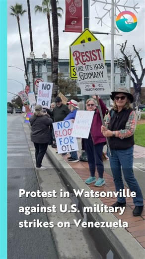 Nearly 40 Watsonville residents took to the streets Saturday afternoon to protest the Trump administration conducting a military attack on Venezuela that led to the arrest of President Nicolás Maduro and his wife, Cilia Flores. The U.S. military conducted large-scale air strikes in Caracas, the country’s capitol, early Saturday morning, and later captured Maduro and his wife. Video by @painchaudkevin | Lookout Santa Cruz