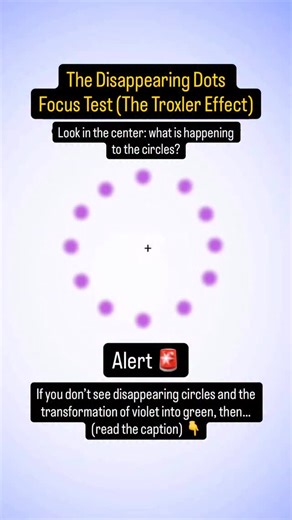 Gabriella Kovalenko on Instagram: "Fix your gaze on the tiny cross. You’re placing the dots in peripheral vision, where the brain normally down-weights repetitive, low-value input. When fixation is steady, retinal and cortical neurons adapt to the unmoving purple and your opponent-color system generates a green afterimage. The expected “pass” looks like this: the purple ring fades, a single green dot seems to orbit, and your visual world feels quieter. That pattern reflects effective visual supp