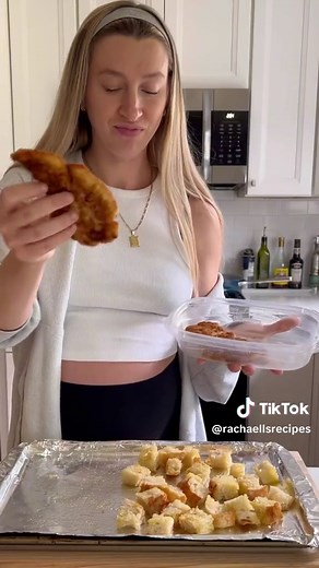 Recipe below! I think it was made very clear how universal the love for caesar is by the looks of my last caesar sandwich post😂 this time around I needed to make it in wrap form! Parmesan Crusted Chicken Caesar Wrap 1 chicken cutlet, sliced Tortilla wrap 2-3 slices cooked bacon Caesar salad Shaved/grated fresh parmesan Croutons or cubed bread of choice to make fresh (I made some using sourdough) For homemade croutons, preheat oven to 400°F. Slice bread into cubes, place on baking sheet and toss