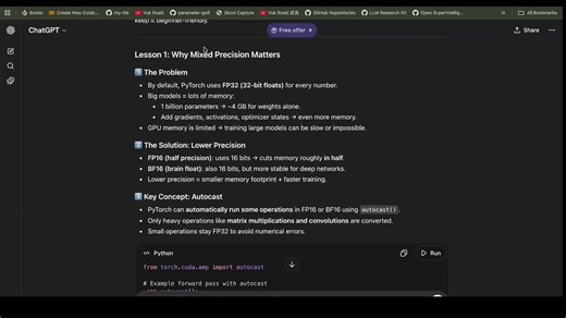 Mixed Precision Training From Scratch - TutorialIn this tutorial you'll learn how mixed precision training works in PyTorch - why we use FP16 and BF16 instead of FP32, how Autocast automatically handles precision conversion, and how GradScaler prevents gradient underflow. By the end you'll understand exactly how to cut GPU memory usage in half while keeping training stable.0:00 Introduction & why lower precision0:25 FP16, BF16, and memory savings1:07 Autocast — automatic mixed precision1:27 The 