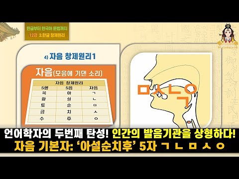 [12강] 언어학자의 두번째 탄성!인간의 발음기관을 상형하다! 자음 기본자:‘아설순치후’5자 ㄱㄴ ㅁㅅㅇ : [한글부터 한국어 문법까지 2.한글 창제원리 4)자음 창제원리1]
