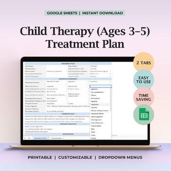 Child Therapy Treatment Plan Template Ages 3-5 Editable Goals Objectives